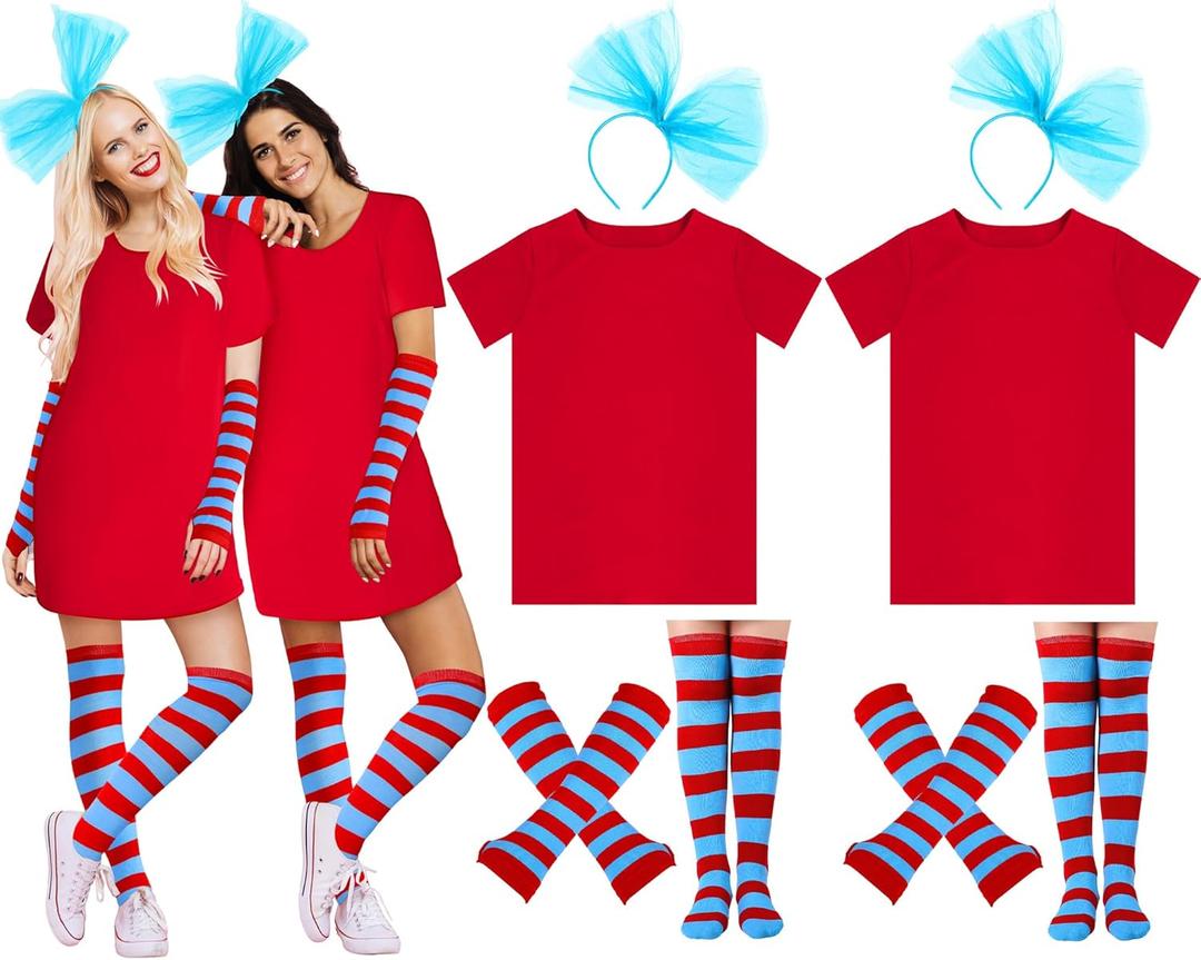 2 Set Costume for Women Include Red T Shirt Striped Socks Stretchy Gloves Blue Tulle Ponytails Headband for Cosplay (Large)