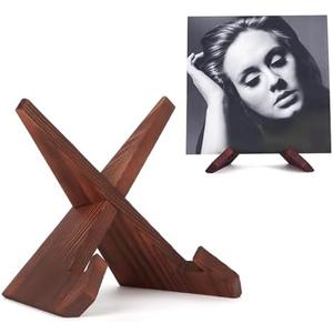 PUERSI Now Playing Vinyl Record Stand, Wooden Display Vinyl Holder Stand, Retro Now Spinning Record Accessories - Rustic Brown