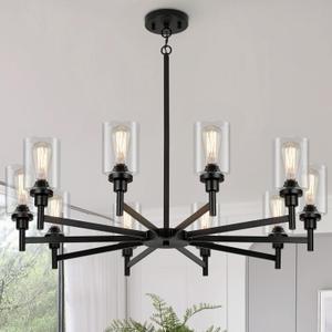 10 Light Large Black Farmhouse Chandelier | Rustic Chandeliers for Dining Room Light Fixture | Industrial Hanging Lighting with Clear Glass Cover for Living Room | Foyer | Staircase | Villa