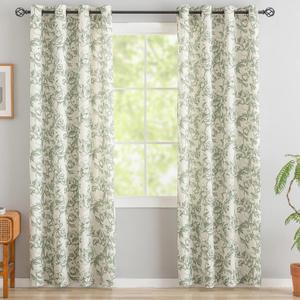 Green Floral Curtains for Living Room 84 Inches Long French Country Green Peony Print on Beige Linen Curtains Light Filtering Cottage Window Treatment Farmhouse Drapes,Pack-2,50" W X 84" L
