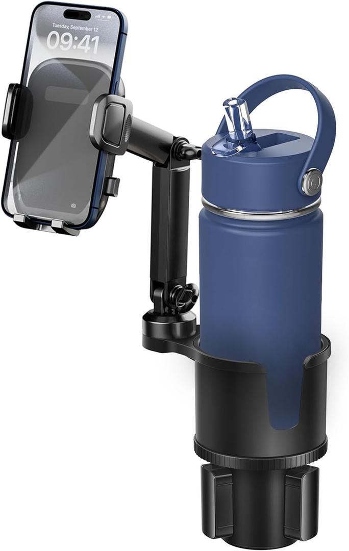 Cup Phone Holder for Car with Expandable Base, 2 in 1 Adjustable Hands Free Cell Phone Holders Car Cupholder Mount, Friendly Fit Large Bottle & iPhone All Cellphone for Truck SUV | No Shake Design (Black)