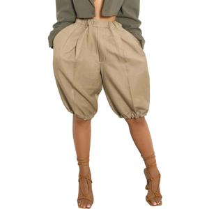 LKOUS Bermuda Shorts for Women Casual Baggy Lightweight Elastic Waist Knee Length Lantern Shorts with Pockets (Beige, M)