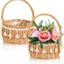 2 Pack Flower Girl Basket, Small Wicker Basket with Silk Petals, White Ribbon, Plastic Liner, Decorative Woven Willow Rattan Basket for Wedding, Gifts, Camping, Home Decor