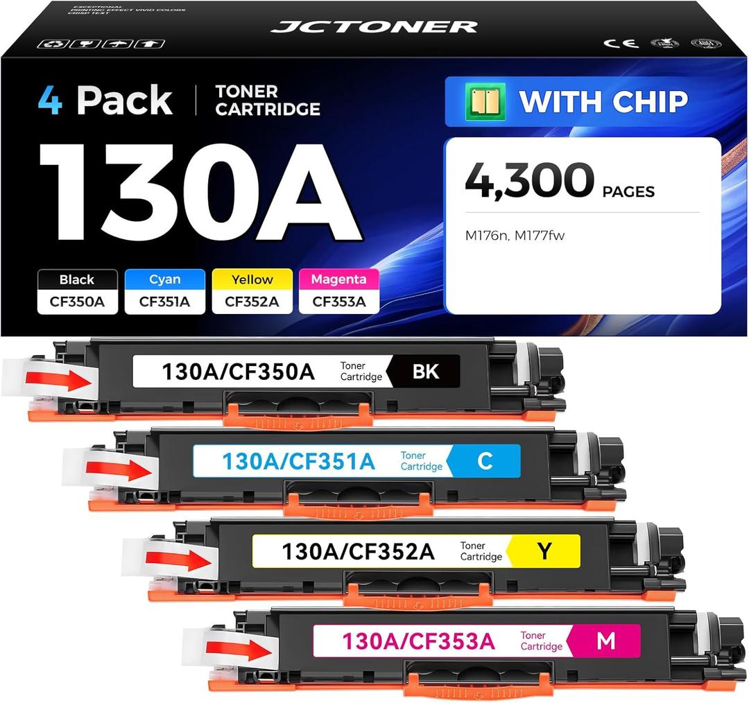 130A Toner Cartridge Set 4-Pack High Yield Replacement for HP 130A CF350A CF351A CF352A CF353A Compatible with HP Color LaserJet Pro MFP M176n M177fw Printer Ink M176 M177 (Black Cyan Yellow Magenta
