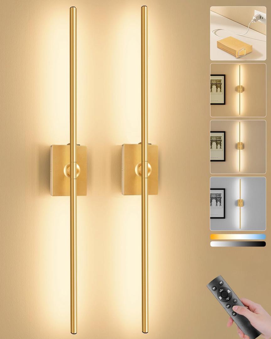 Ouyulong Battery Operated Wall Sconces Set of 2, 10000mAh Wireless Rechargeable 3000-6000K Dimmable 350° Rotate Wall Light with Remote for Living Room, Bedroom 31.6in Gold