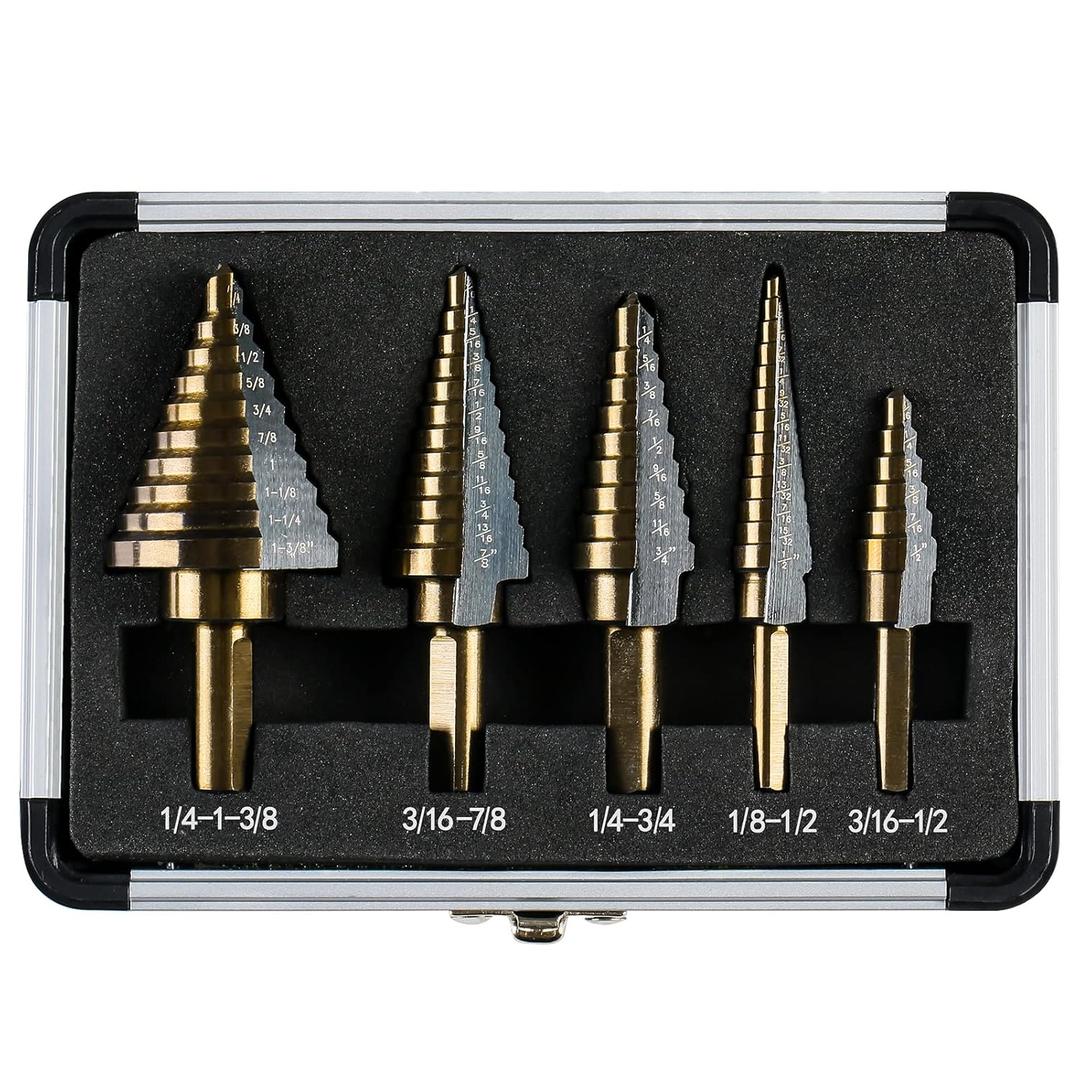 Step Drill Bits, 5PCS HSS Titanium Step Drill Bit Set, 50 Sizes High Speed Steel Step Bits for Metal with Aluminum Case