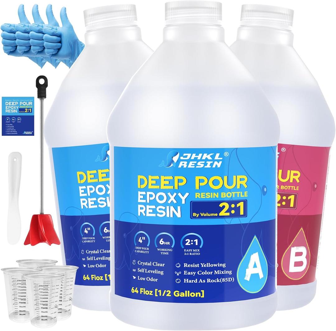 JHKL Epoxy Deep Pour Epoxy Resin Kit, 2 to 4 Inch Depth High Gloss & Clear, Bubble Free Self Level 2:1 Epoxy Resin for Craft River Table,Wood Filler, Bar Top, Coating Casting (1.5Gal)
