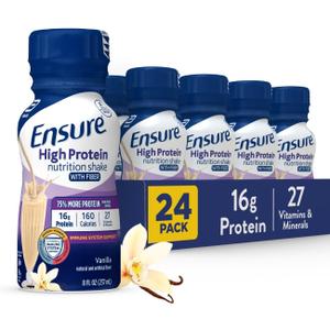 Ensure High Protein Vanilla Nutrition Shake with Fiber, Ready to Drink, 16g Protein and 27 Vitamins and Minerals, 8 fl oz, 24 Pack, Best Before: 1/AUG/2025