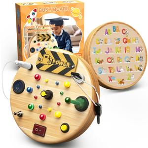 Busy Board, Montessori Toys for 1-6 Year Old, Toddler Switch Board Wooden Sensory LED Light Up Toys with Shape Sorter, Educational Travel Activity Sensory Toys for Fine Motor Skills Development (Colorful)