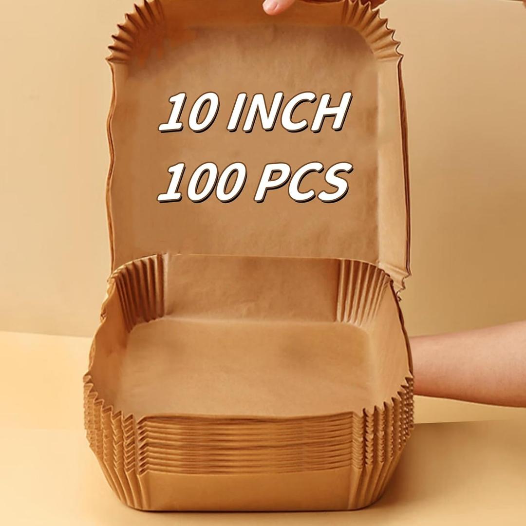 10 Inch Air Fryer Liners Disposable, 100PCS Air Fryer Paper Liners, Oil-Proof & High-Temperature Resistant Parchment Baking Paper for Air Fryer, Microwave, and Oven Bottom Is 9 Inch