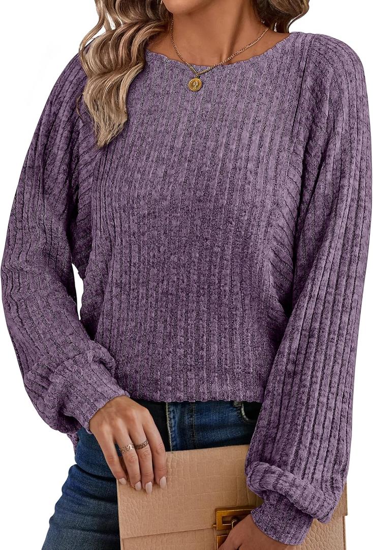 ANRABESS Womens Batwing Long Sleeve Shirts 2025 Fall Oversized Loose Fit Lightweight Sweater Dressy Casual Tunic Tops Blouse (X-Large, Purple)