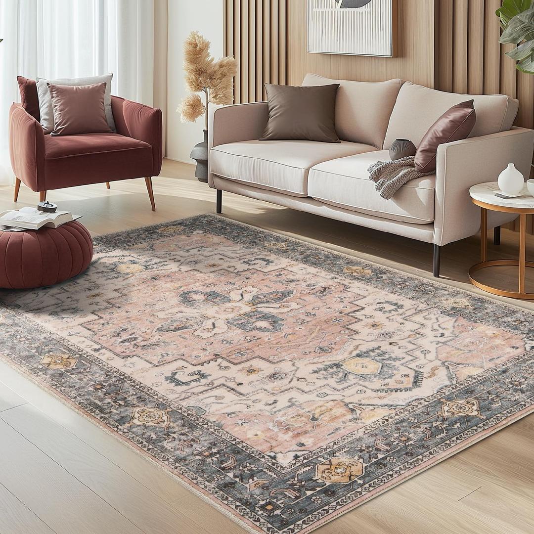 jinchan 6x9 Area Rug Bedroom Living Room Washable Vintage Retro Accent Non-Slip Thin Medallion Carpet Throw Rug for Dining Room Kitchen Indoor Home Decor Grey/Pink