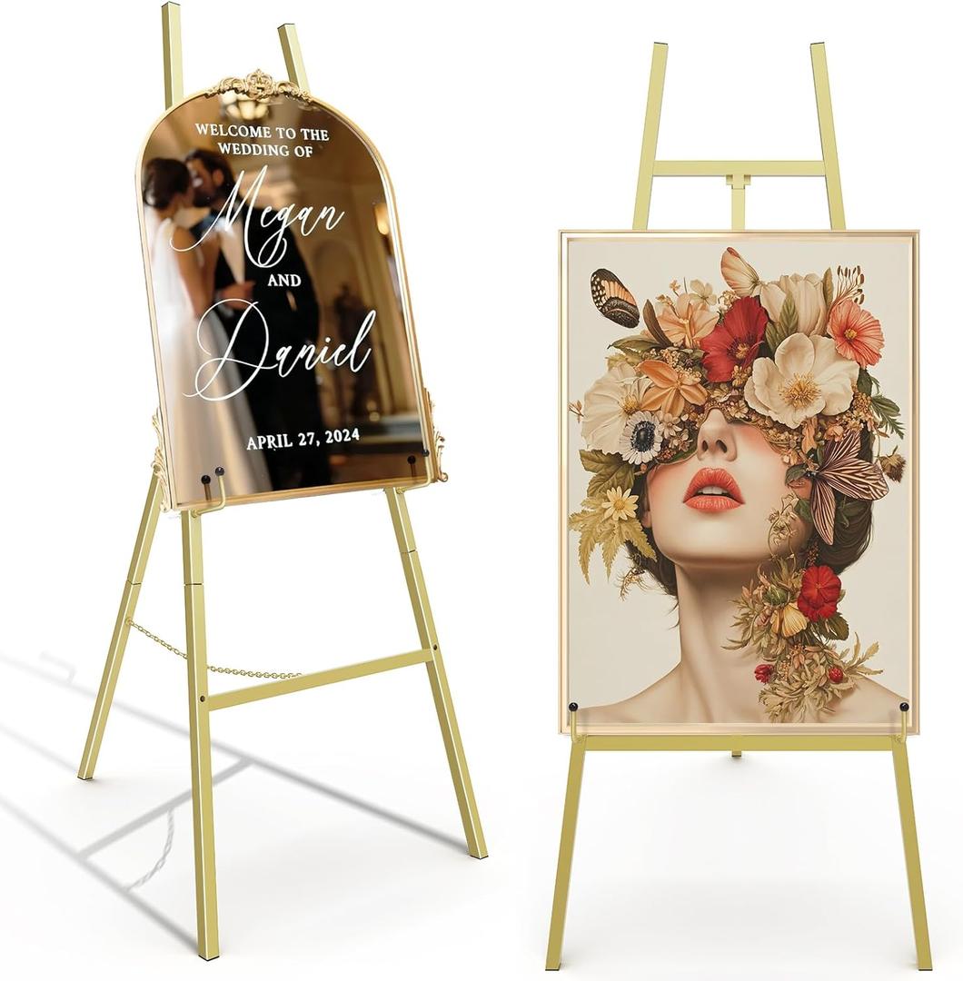 Gold Easel Stand for Sign, Heavy Duty Metal Display Easel with Adjustable Chain, 4-Tier Height Art Easel for Painting, Wedding Sign, Posters & Commercial Display