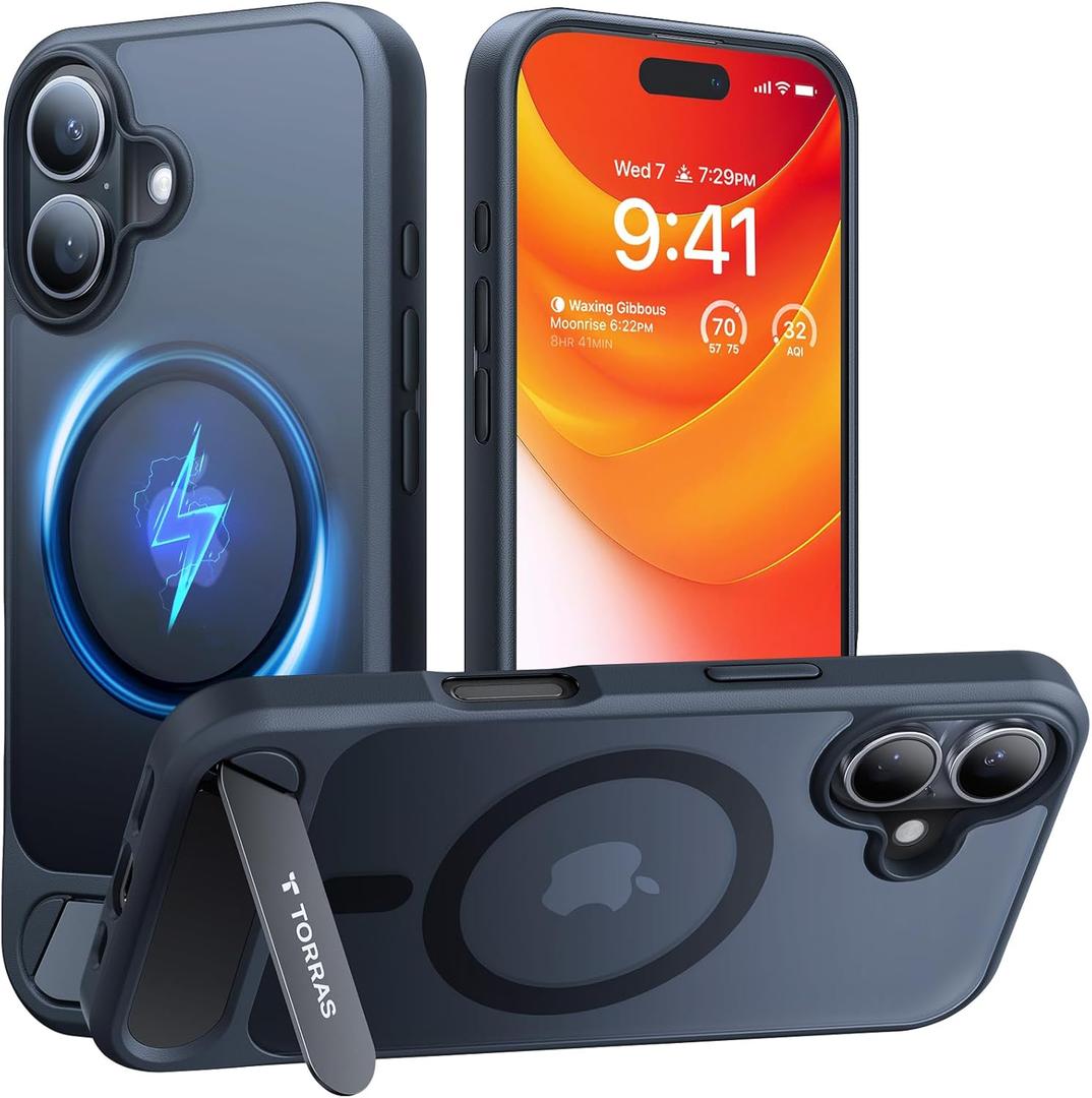 TORRAS for iPhone 16 Case Translucent Black | Strong Magnetic & Seamless Stand, Fit for MagSafe, Military-Grade Drop Protection, Sturdy Adjustable Built-in Kickstand, Slim Matte Finish