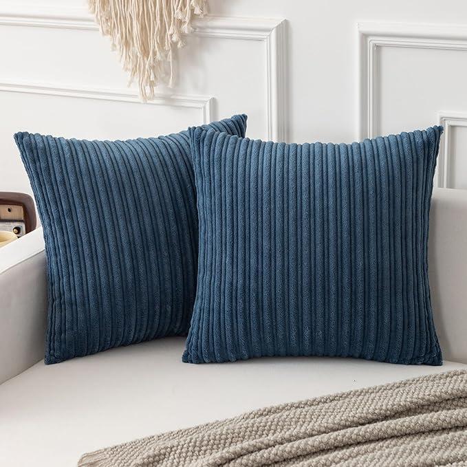 Kevin Textile Throw Pillow Covers Soft Corduroy Decorative Set of 2 Boho Striped Pillow Covers Pillowcases Farmhouse Home Decor for Couch Bed Sofa Living Room 18x18 Inch Dusty Blue