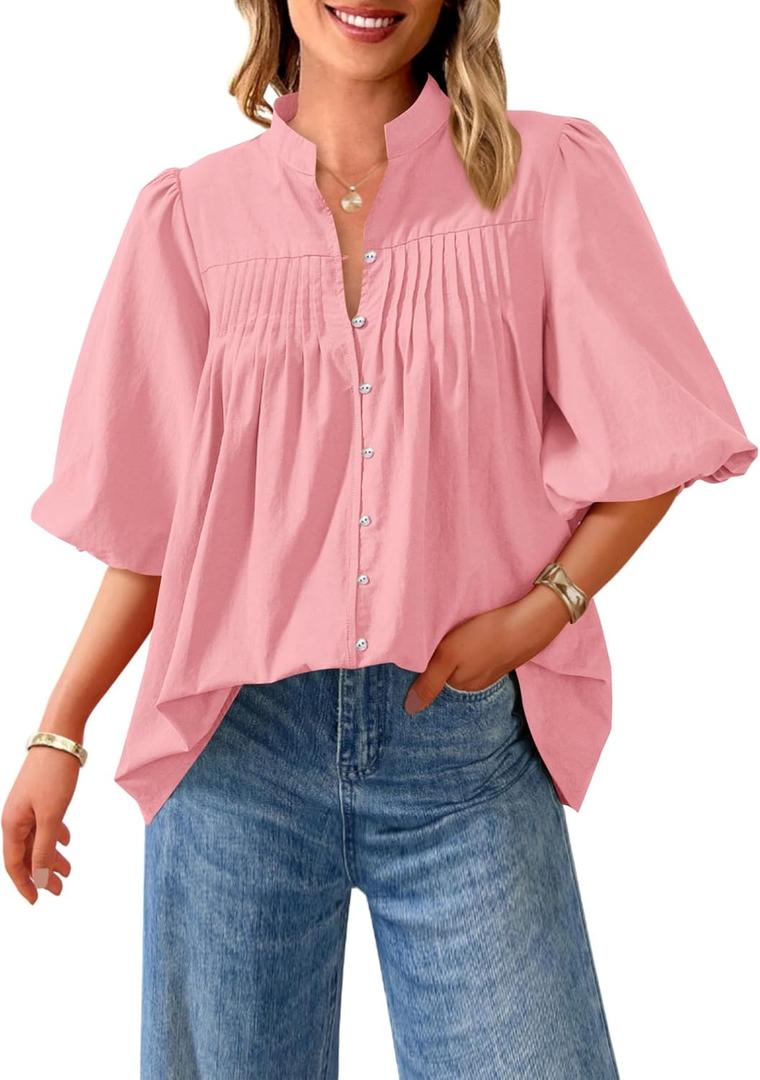 PRETTYGARDEN Women's 2025 Summer Short Lantern Sleeve Tops Loose Fit Button Down Shirt Casual Pleated V Neck Blouses (Large, Pink)