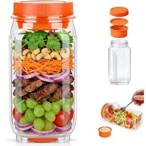 VKX 2026 Upgraded Salad Jar Side Open, 35oz (1000ml) Leakproof Salad Jar Lunch Container with Dressing Cup & Lid, Dishwasher Safe for Office & Outdoors, Travel (Orange)