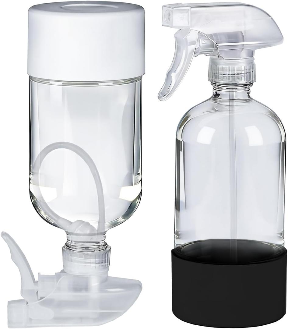 2 Pack 360 Glass Spray Bottles with Silicone Sleeve, 16 oz Empty Refillable Containers with Adjustable Spray Nozzles, Spray Bottles for Hair, Cleaning Solutions and Plants Black&White