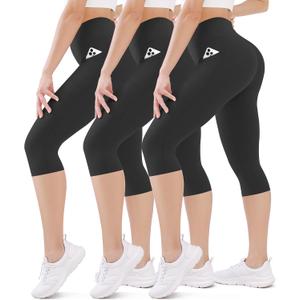 FEYHAY 3 Pack Capri Leggings for Women - High Waisted Yoga Pants with Pockets, Buttery Soft Stretchy Workout Running Cycling (Small-Medium, 04black/Black/Black)