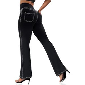 VOOVEEYA Women's Bootcut Leggings - Bootleg Yoga Pants Flare with 4 Pockets, Tummy Control High Waisted Casual Dress Pants（Bootcut-Black-M）