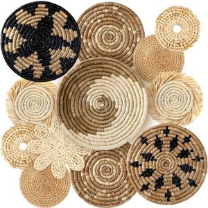 11 Pcs Boho Hanging Wall Basket Decor Handmade Woven Basket Wall Decorative Boho Wicker Baskets Placemats Round Farmhouse Bulrush Art for Rustic Home Decorations Christmas Gift(Rustic)