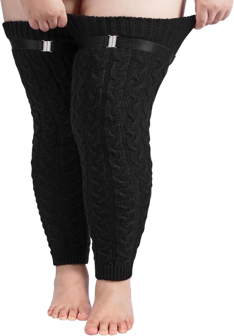 Moon Wood Plus Size Extra Long Leg Warmers for Women Winter Knitted Over Knee Thick Thigh High Socks Footless (Black)