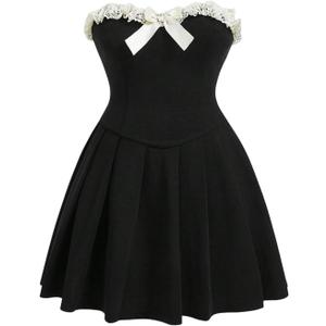 SOLY HUX Women's Plus Size Tube Dress Lace Trim Bow Strapless Sleeveless Pleated A Line Short Dresses 4X-Large Plus