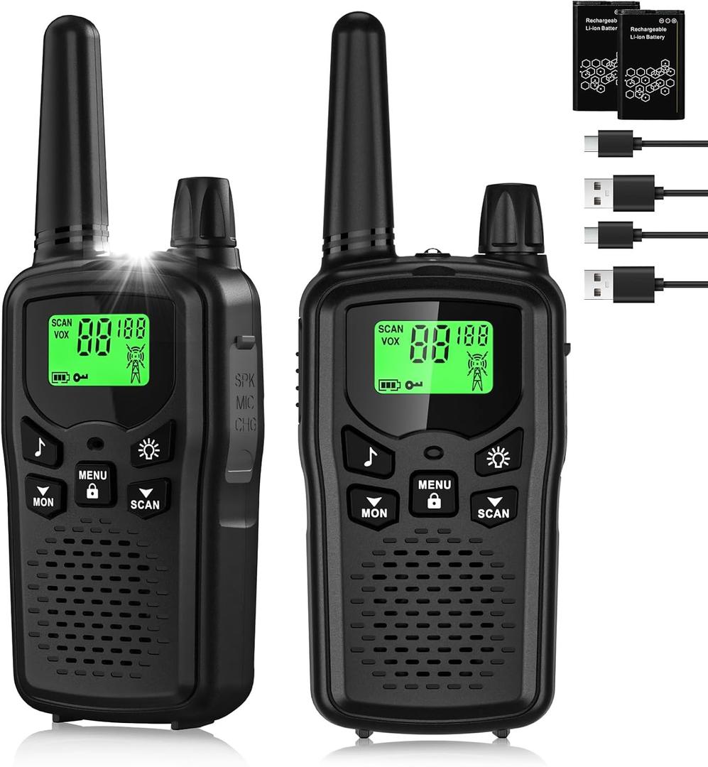 Walkie Talkies for Adults Long Range, Rechargeable Walkie Talkie 22 FRS Channels Two Way Radios with Noise Reduction, Volume Adjustment, LED Flashlight,1200mAh Rechargeable Battery (2 Pack Black)