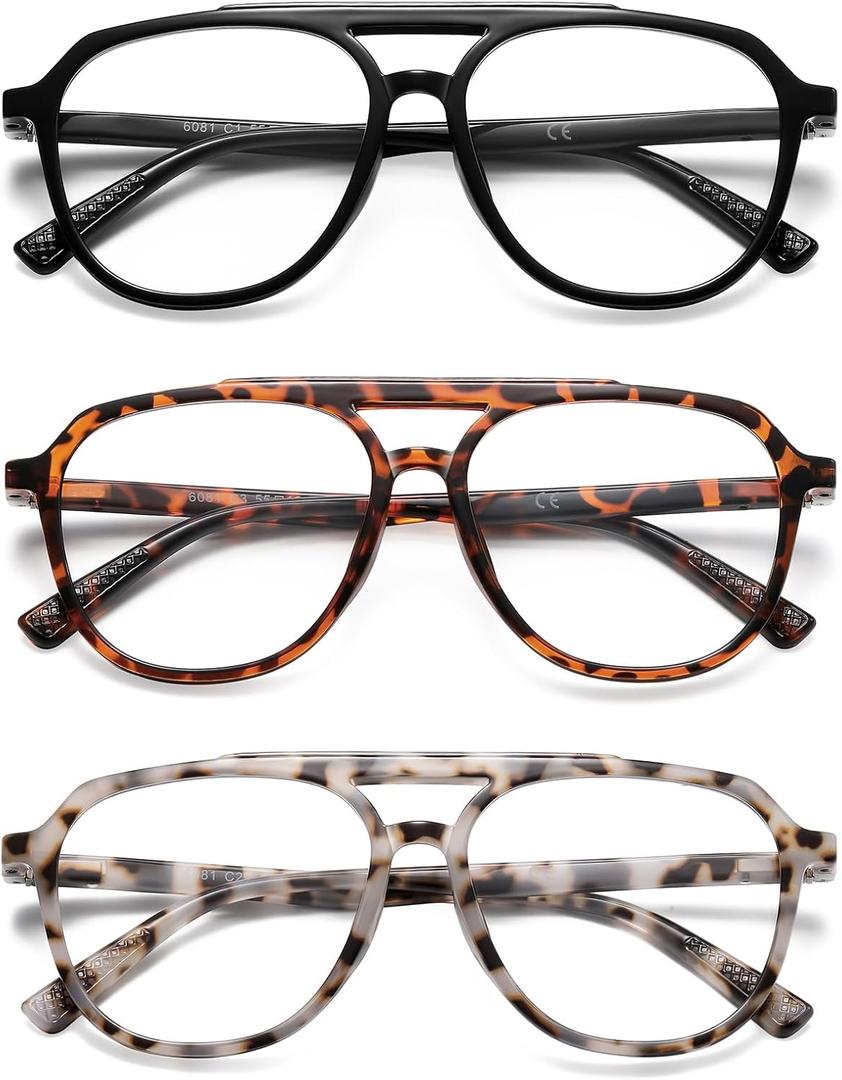 Aviator Reading Glasses for Women Men Oversized Blue Light Blocking Computer Reader Designer Large Spring Hinge LK6081 (C1black+c2white Tortoise+c3brown Tortoise)