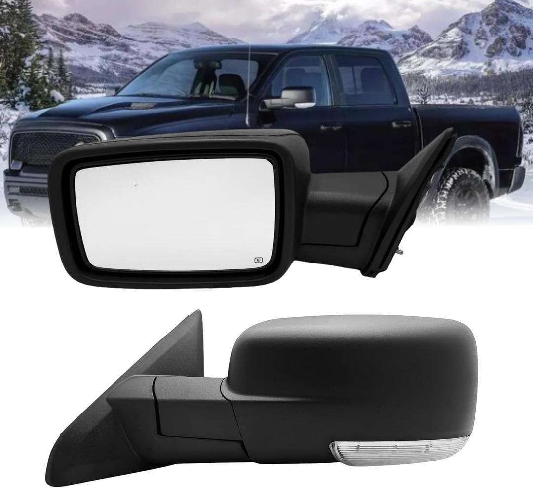 Driver Side Mirror Compatible With 2013-2018 Dodge Ram 1500 2500 3500 With Manual Folding Power Heated Glass Turn Signal Light Puddle Light Temperature Sensor Texture Black (10 Pins)