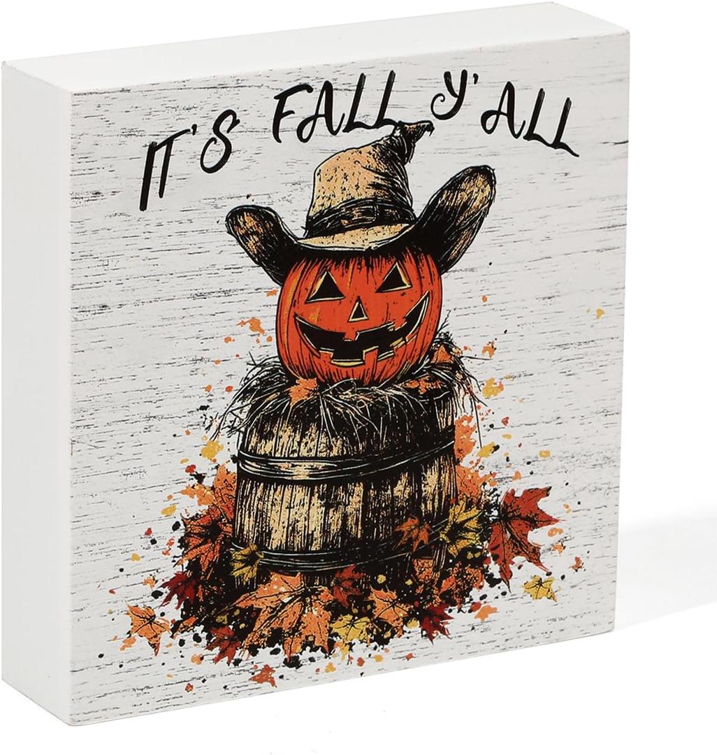 2 x Tis' the Season Home Fall Farmhouse Decorations Autumn Pumpkin Harvest Wood Artwork Box Sign Thanksgiving Block Signs for Fireplaces, Shelves, Coffee Bars, Bedrooms, Offices Decor (Its Fall Yall)