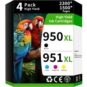 950XL/951XL High Yield Ink Cartridge Replacement for Combo Pack HP 950 951 XL to Use with HP OfficeJet Pro 8600 8610 8615 8620 8625 8100 8630 8660 276DW 251DW (4 Pack, 1 Black 1Cyan 1Magenta 1Yellow)
