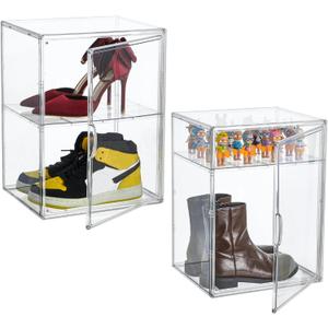 XXX-Large Clear Acrylic Display Case Boot Shoe Storage Boxes With An Adjustable Divider,2 Pack 2 Tiers Clear Plastic Stackable Storage Bins With Lids Big Display Acrylic Box With Magnetic Door