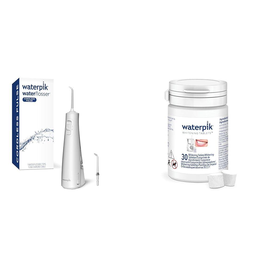Waterpik Cordless Pulse Rechargeable Portable Water Flosser for Teeth, Gums & Fresh Mint Whitening Refill Tablets (30 Count)  for Use with Waterpik Boost Tip