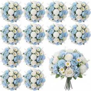 Tigeen 12 Bundles Peonies Artificial Flowers Faux Roses Silk Flowers Hydrangea Artificial Bouquet for Wedding Table Centerpiece Floral Vase Home Office Bridal Decor (Champagne White,Blue)