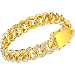 Dog Chain, Cat Chain Diamonds on a Metal Collar with Secure Buckle for Small Dogs, Cuban Style Dog Gold Chain, 14 mm Wide Gold Dog Chain