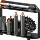 Lasvea Holder for Dyson Airwrap Attachments1.6'' long barrel suitable)| 8 Holes Metal Storage Rack with Protective Silicone Pad | Countertop Organizer for Dyson Diffuser Accessories & Curling Iron with Self-Adhesive Hook, Black