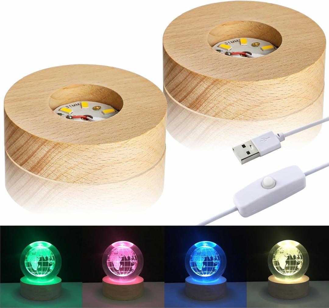 LED Light Wood Display Stand Base for 3D Crystal Glass Art,Room Decoration and Holiday Casual Atmosphere Ornament Lamp- 2.4 Inch Round Illuminated Holder (2PCS)