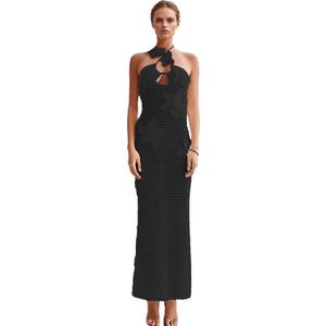 RanRui Women's Halter 3D Flower Knitted Hollow Out Beach Dress balckless Open Back Swimsuit Cover up Holiday Party Dress (Black) S