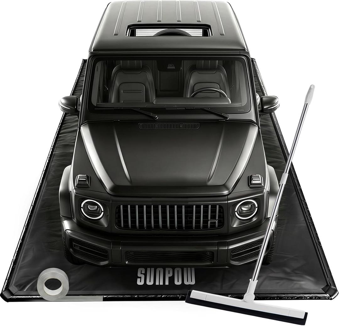 SUNPOW Containment Mat(7'9" x 18'), Includes Squeegee and Reflective Tape | 1.2" Raised Edges, Waterproof Heavy Duty PVC Garage Floor Mat for Under Car, Snow Mud & Oil Trap - Fits Sedan SUV Truck