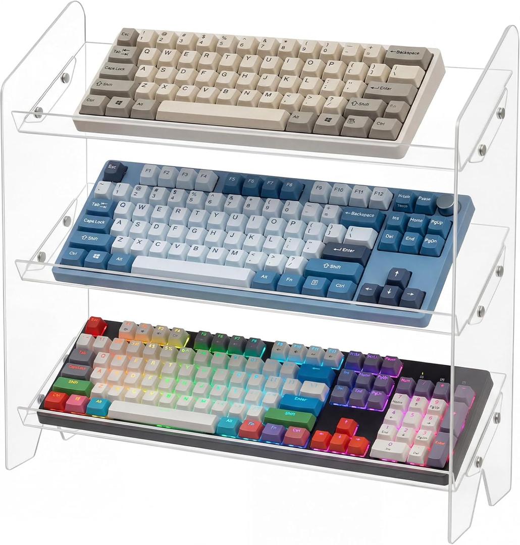 Sintuff 3 Tier Acrylic Keyboard Display Stand Clear 16.54" x 5.91" for Mechanical Keyboards Keycaps Transparent Riser Shelf for Desk Setup Retail Store or Collectibles Showcase Computer Tablet Storage