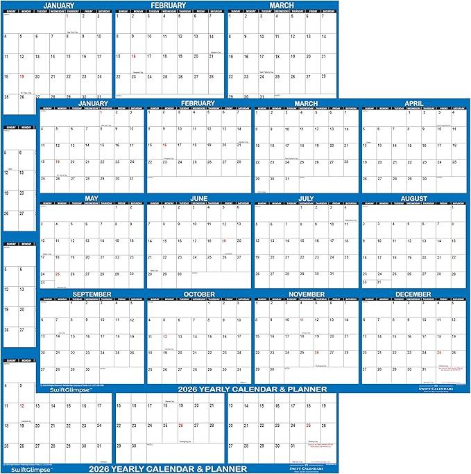 24" x 36" SwiftGlimpse 2026 Wall Calendar Erasable Large Wet & Dry Erase Laminated 12 Month Annual Yearly Wall Planner, Reversible, Horizontal/Vertical, Navy