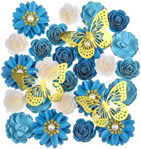 MotiMind 39 Pcs Graduation Cap Decorations Kit Including 25 Rose Heads Paper Flowers 12 3D Gold Butterfly Stickers 1 Self Adhesive Pearl 1 Rhinestones Stickers for DIY Graduation Cap(Blue)