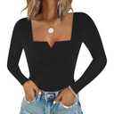 Chunpin Women's Square Neck Notch V Neck Long Sleeve Bodysuit Tops Double Lined Thong Bodysuit (Medium)