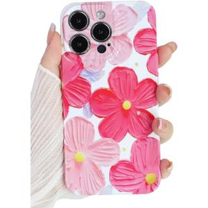 Compact for iPhone 16 Plus Case Floral Flowers Oil Painting Phone Case, Cute Trendy Soft Slim Shockproof Protective Cover Designed for Women Girls Aesthetic, Pink