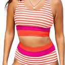 Dokotoo Women's High Waisted Bikini Sets Two Piece Swimsuits Color Block Scoop Neck Bathing Suits (Large, Orange)
