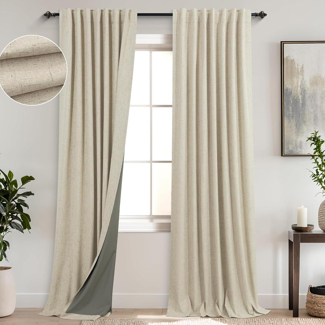 KOUFALL Light Tan Back Tab Linen Blackout Curtains for Living Room 52x105 Inch Length