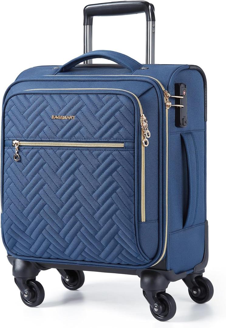 BAGSMART Underseat Carry On luggage Airline Approved, 16-inch Small Softside Underseater Travel Suitcase with Spinner Wheels Overnight Bag Small Rolling Carry-on for Women Men Weekender, Navy Blue