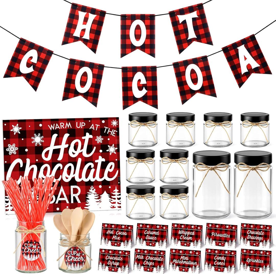 Baderke 72 Pcs Plaid Hot Chocolate Bar Kits, Include Glass Jars, Chocolate Bar Banner Sign with Stand, Tent Labels, Cup Tags, Spoon, Straw and String for Christmas Holiday Supplies, Cocoa Lovers Gift