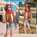 Cowgirl Outfits for Girls Kids 6 Pcs Western Costume Accessories Cowboy Hat Fringe Vest Earring for Halloween Party (L)